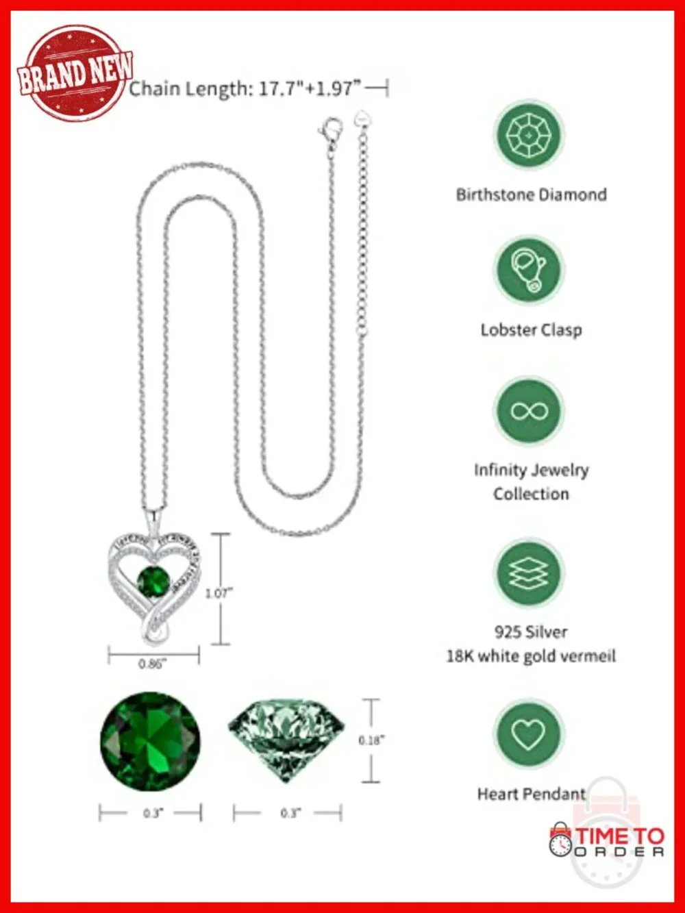 Infinity Heart Birthstone I Love You Pendant Necklace 925 Sterling Silver 18K